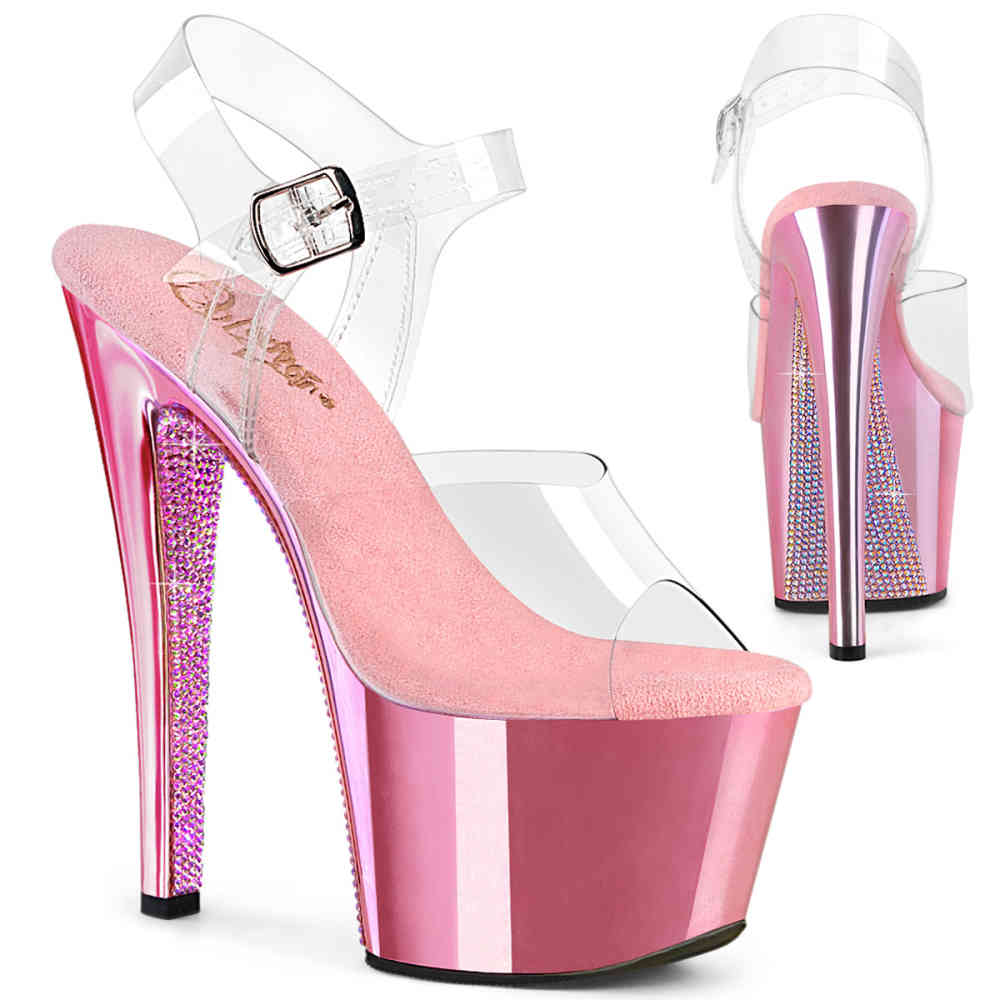 Pleaser - SKY-308CHRS Sandaal met enkelband - Transparant/Roze